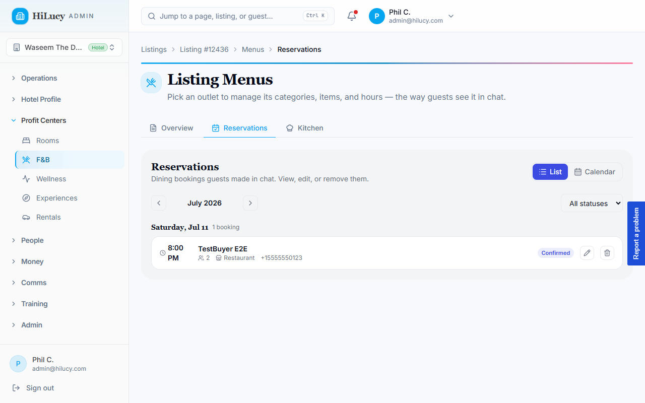 The table-reservation picker in guest chat showing live availability