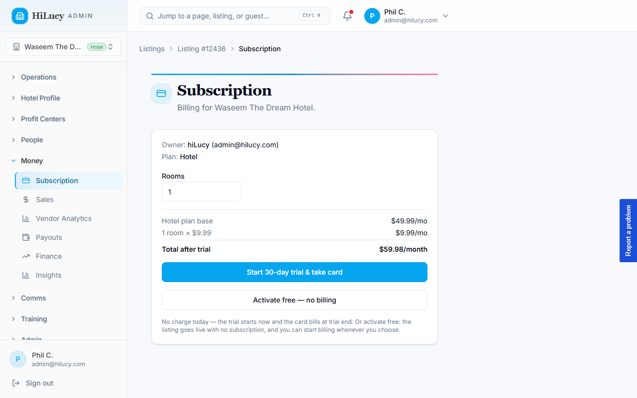 The admin Start Subscription review screen with plan, rooms, and price